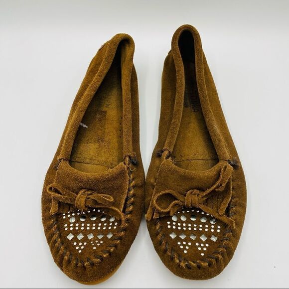 Minnetonka Metallic Studded Suede Moccasins - Picture 1 of 7